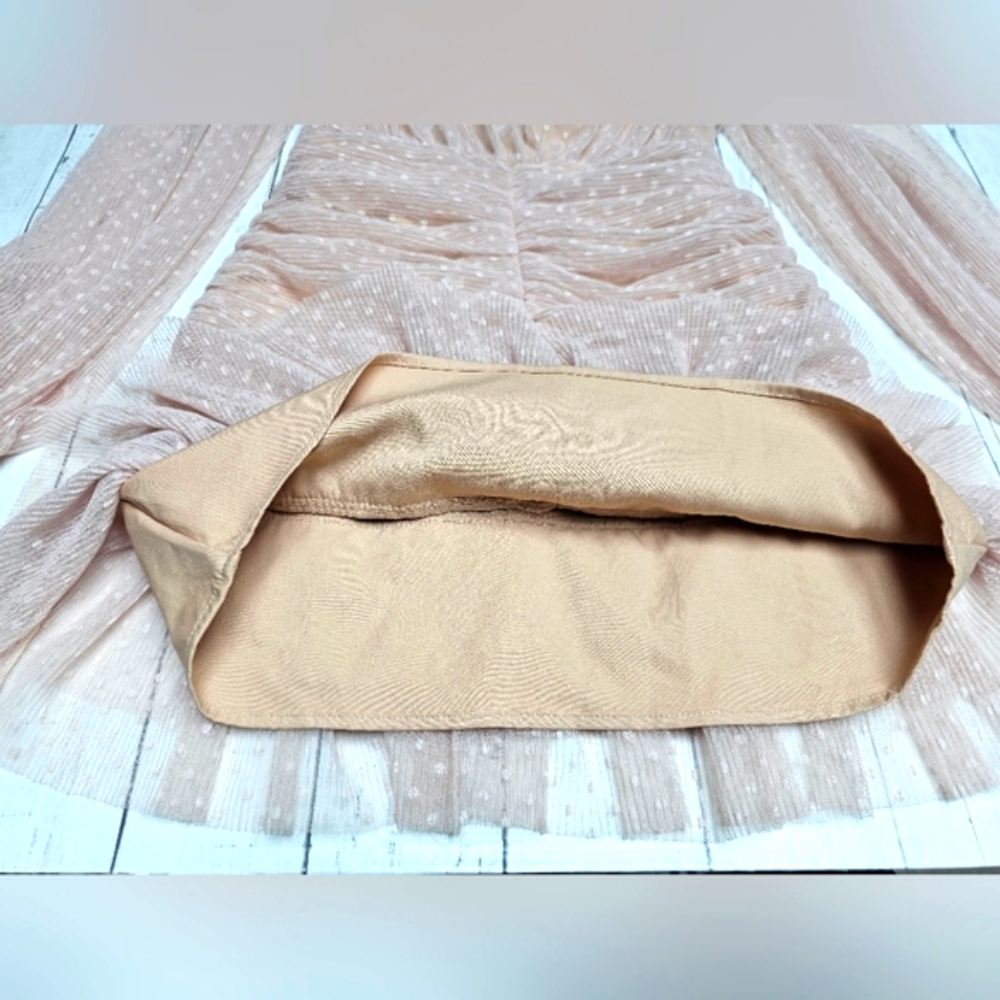 NEW Endless Rose Anthropologie Sheer Nude Pink Ruched Mini Dress Swiss Polka Dot - Picture 12 of 16